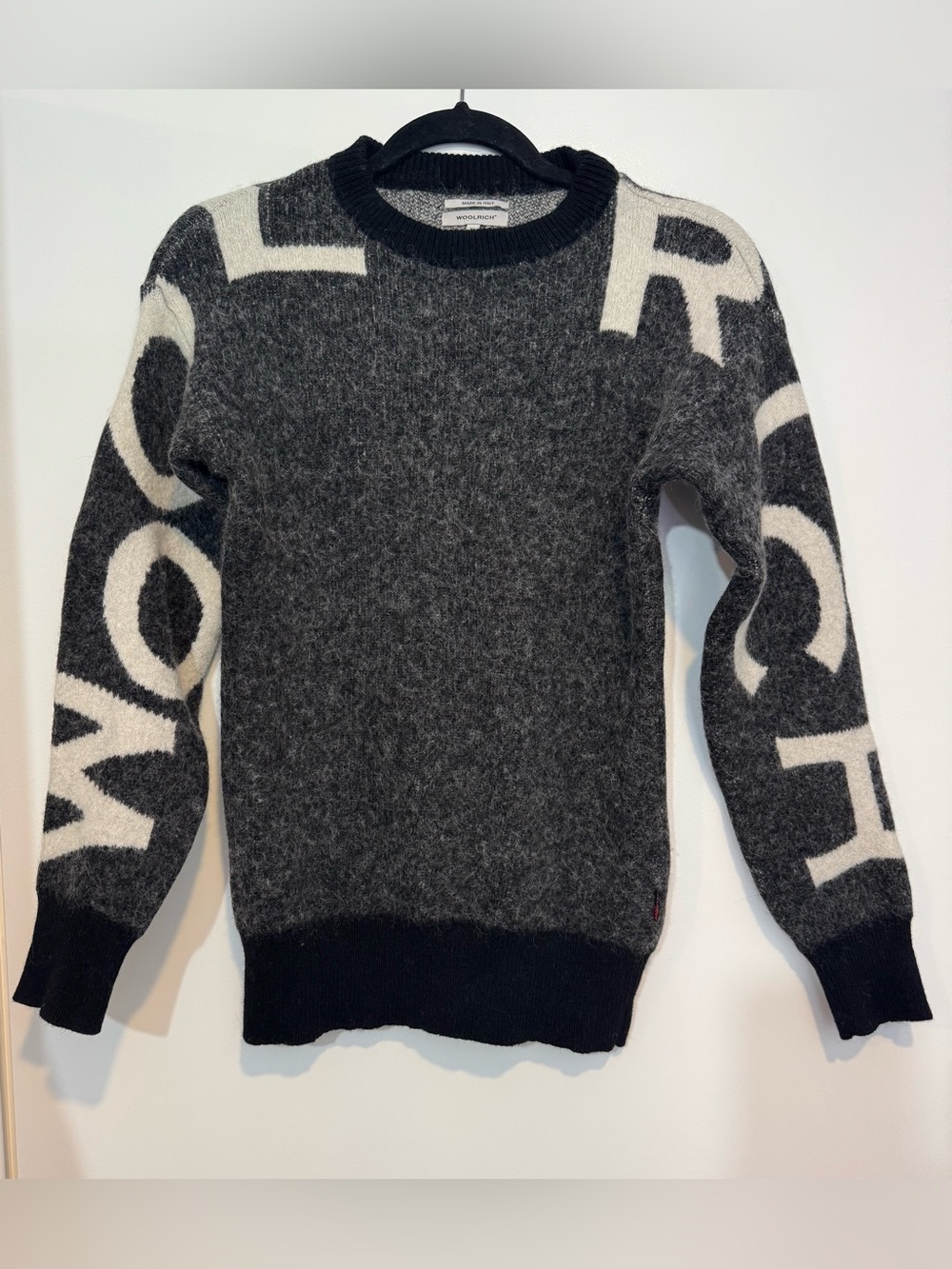 Woolrich Made in Italy Mohair Blend Logo Sleeve Knit Sweater Charcoal Gray XS